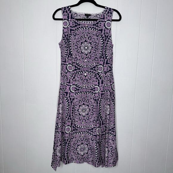 Talbots Women’s Poplin Fit & Flare Dress Medallion Print Purple Button Front 8 - Picture 2 of 7